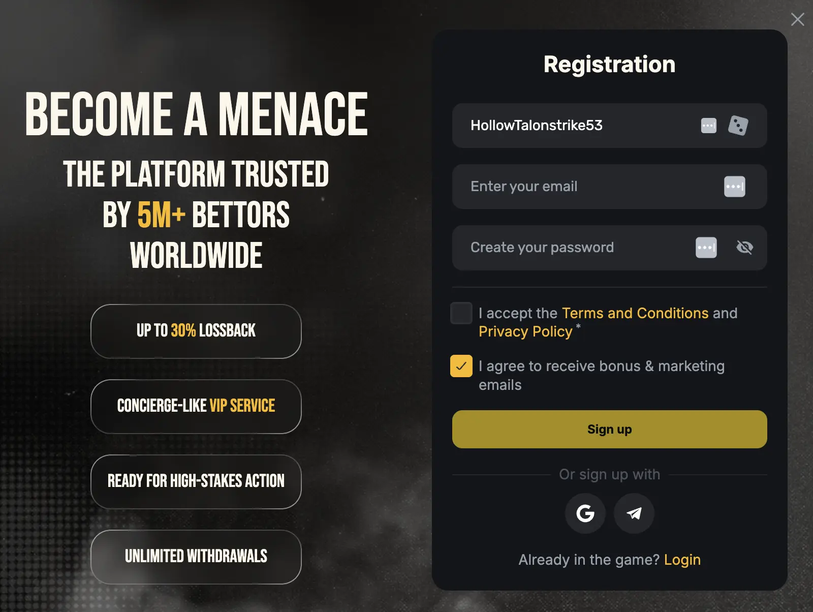 menace casino registration